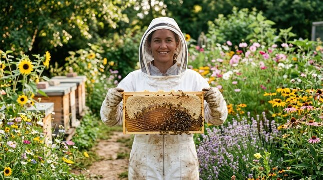 Happy Beekeeper Holds Honeycomb Frame in Blooming Garden Apiary.