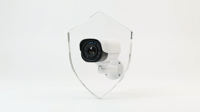 Security camera embedded within clear shield shaped outline graphic design on transparent background
