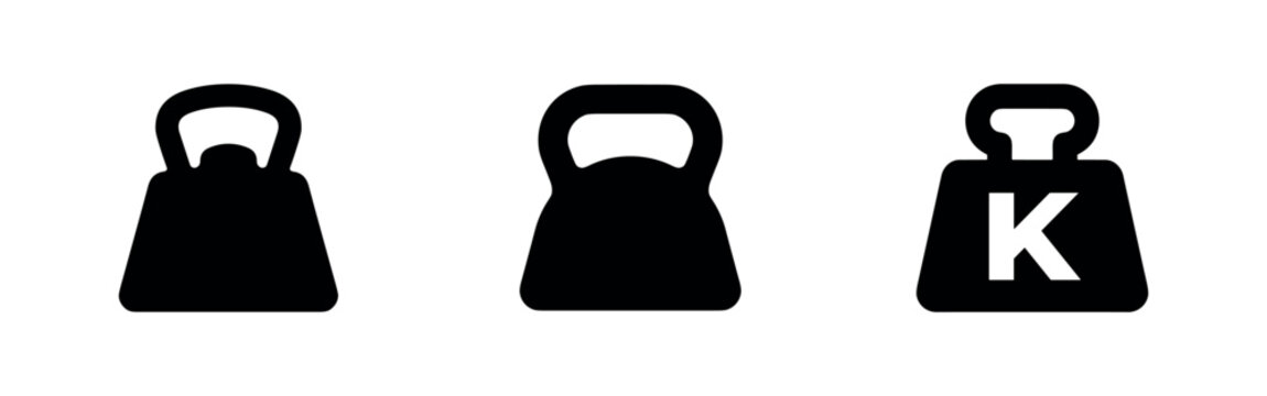Kettlebell weight icons set. Gym and fitness equipment glyph symbols for strength training and workouts, with kilogram mark.