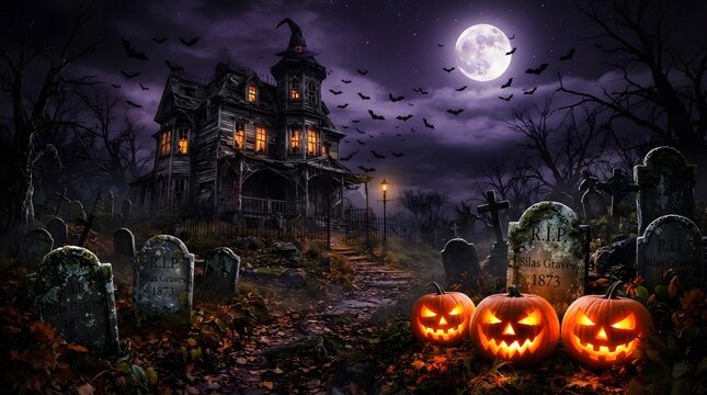 Spooky haunted mansion at night with a full moon, graveyard, and glowing jackolanterns
