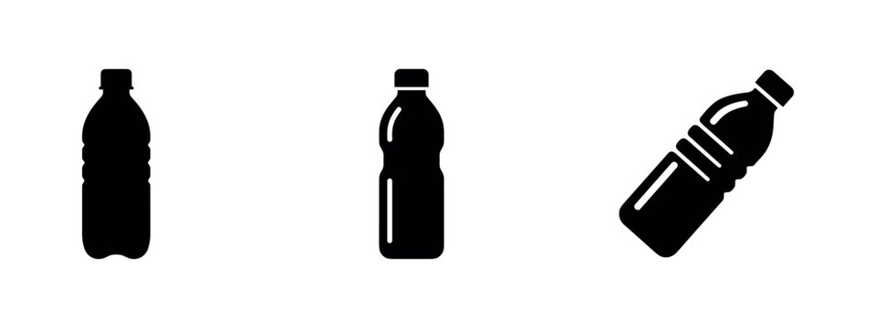 Plastic bottle icons set. Water and beverage container glyph symbols for hydration and packaging.