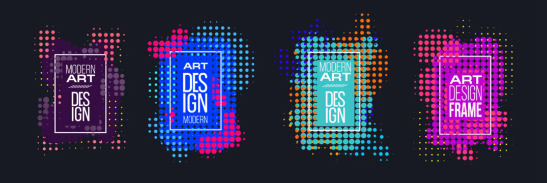Set of four colorful modern art poster frames with abstract halftone dot patterns on a dark background. Bright geometric compositions in blue, pink, purple, turquoise, orange and yellow with bold typo