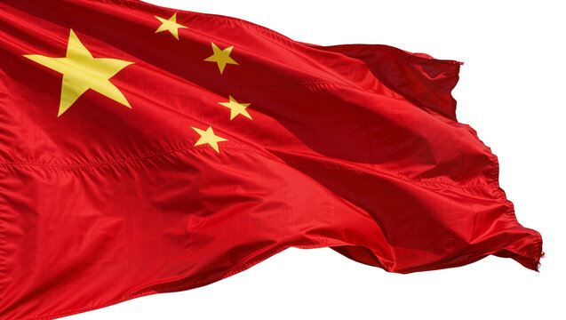 Waving red flag of China with yellow stars, isolated on transparent background