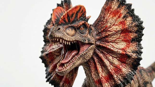 A close up view of a detailed dinosaur statue featuring an open mouth, sharp teeth, and a striking red and black frill against a plain white background, underscoring the dilophosaurus