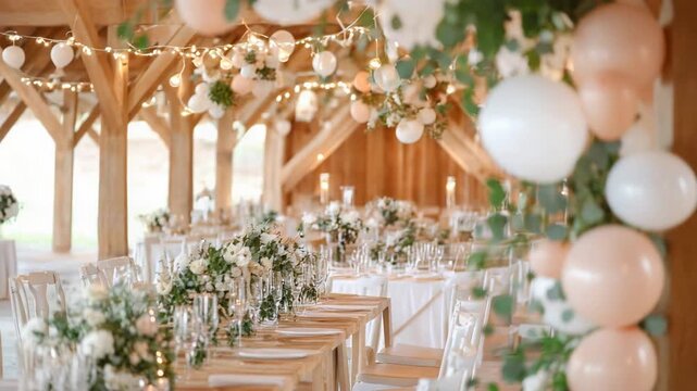 Elegant wedding reception decor with balloons and greenery in rustic venue