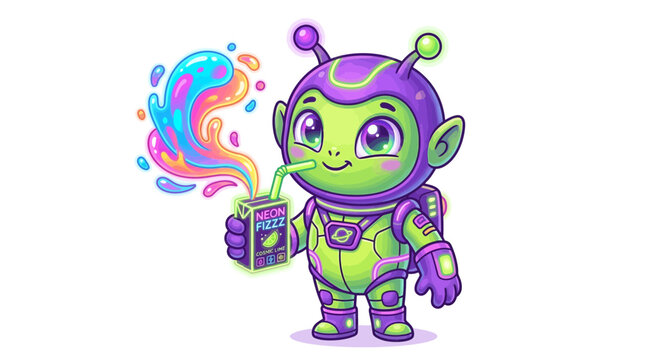 Cute green alien drinking neon juice with background marketing logo design concept for creative projects