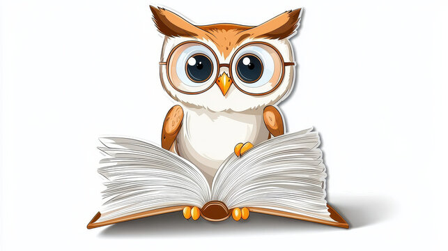 Cute owl character with glasses sitting open book, symbolizing knowledge and learning. This charming illustration captures whimsical