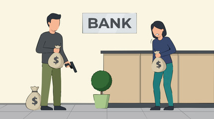 Naklejka premium Armed bank robbery, robber with gun and money, frightened female employee