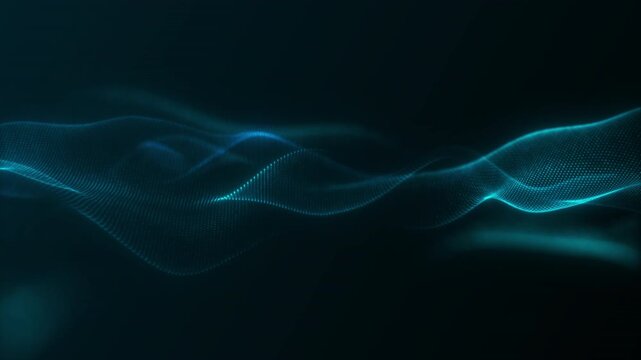 Teal and cyan particle waves flow through a dark futuristic scene, forming a sleek data motion background for AI, network and technology projects.