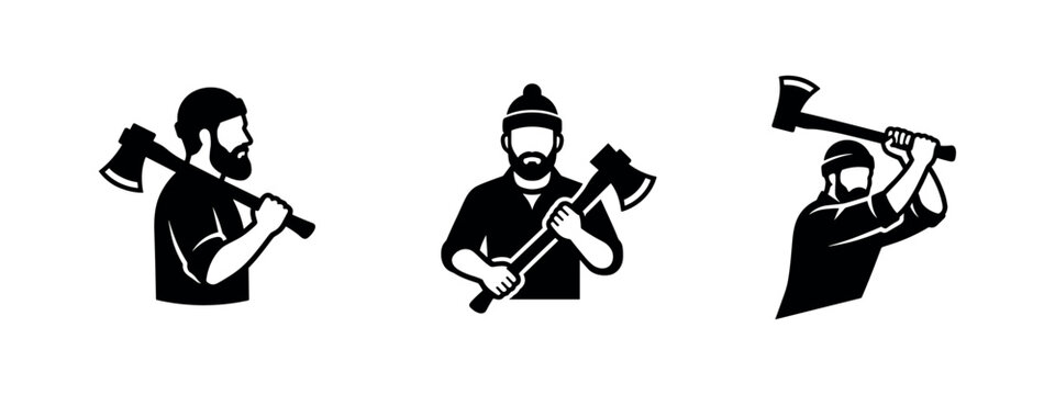 Lumberjack with axe icons set. Woodcutter and logger symbols representing forestry and manual labor.