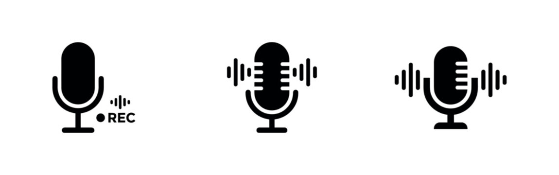 Microphone recording and active sound icons set. Voice input, live audio and podcast symbols.