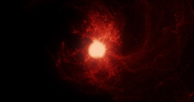 A fierce red orb hurls luminous fiery debris into a dark mysterious void. A turbulent cloud of shimmering matter spreads smoothly from the burning solar mass.