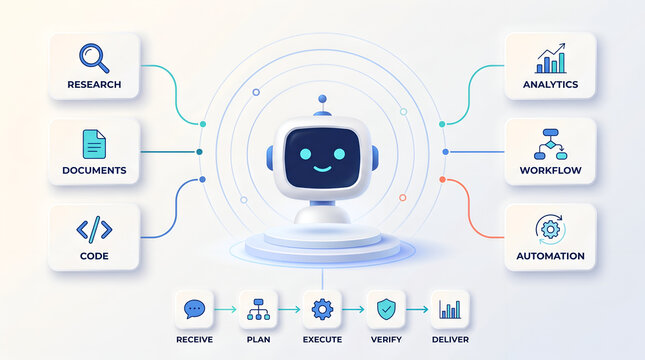 Robotic process automation diagram featuring smart agent workflow for business analytics and digital code execution