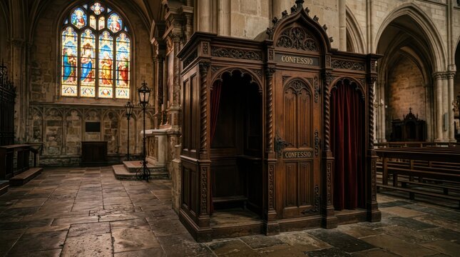 Intricate Wooden Confessional Booth Inside a Historic Church with Stained Glass Window.