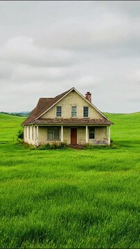 Wide-angle view of a traditional wooden farmhouse with a red door and white trim surrounded by tall green grass under a cloudy sky