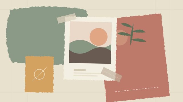 Aesthetic scrapbook composition with torn paper pieces and botanical elements