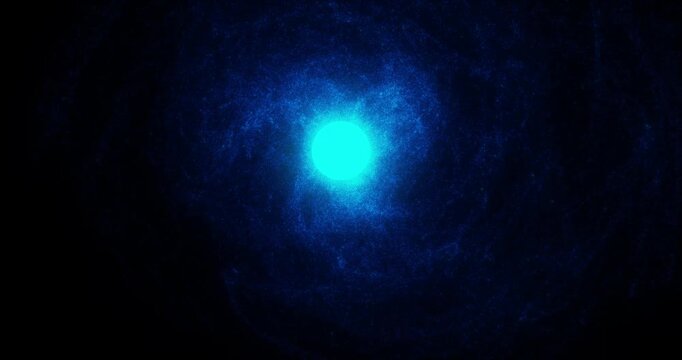 A bright cyan sun ejects high-velocity glowing dust across a shadowy cosmic field. Electric blue light diffuses as swirling stellar matter expands infinitely.