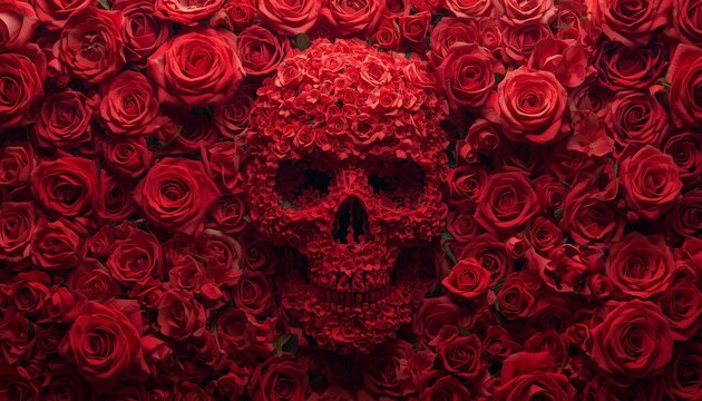 Human skull made of blooming red roses life and death concept background