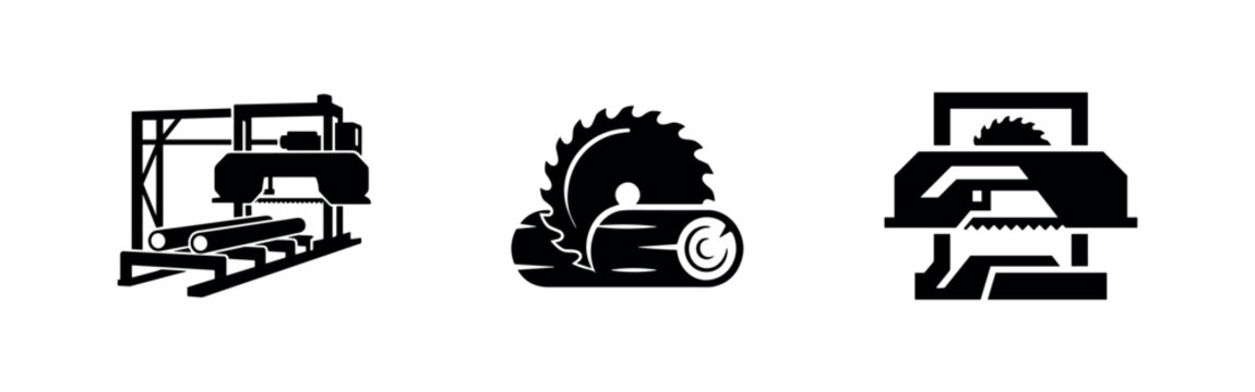Sawmill and wood processing icon set. Vector illustrations of industrial lumber production.