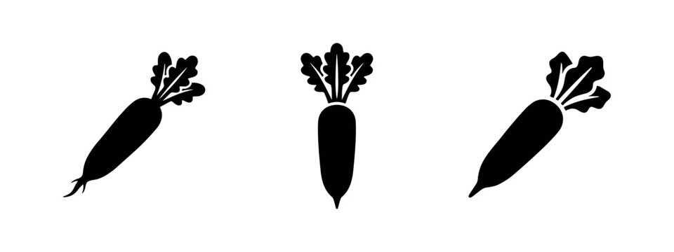 Three black radish icons with green tops on a white background.