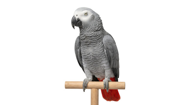 African Grey Parrot with grey feathers and a bright red tail is perched on a wooden stick against a white background.