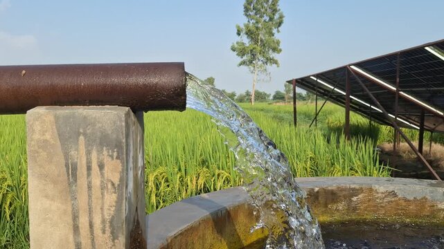 Solar powered tube well pump system pouring clean water into a concrete canal for sustainable agricultural irrigation of a green crop field on a sunny day
