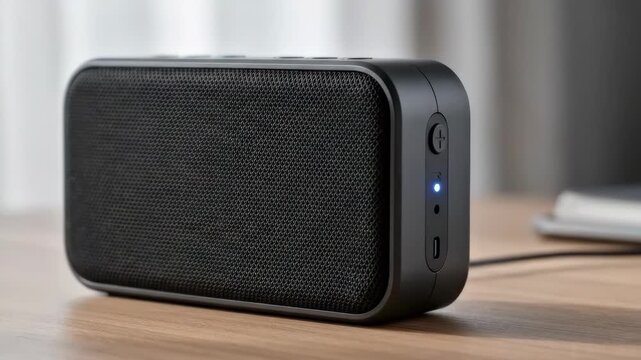 Sleek black portable Bluetooth speaker on a wooden table, ready for music.