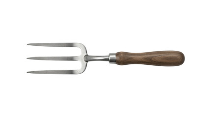 Obraz premium Three-pronged metal garden hand fork with a wooden handle isolated on a grey background.