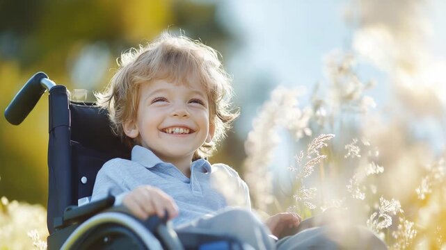 Joyful child in wheelchair enjoying nature outdoors on a sunny day