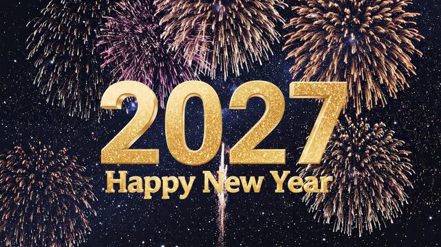 Golden 2027 text with celebratory fireworks during nighttime for New Year's Eve event concept