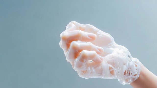 Futuristic transparent robotic hand in natural outdoor setting