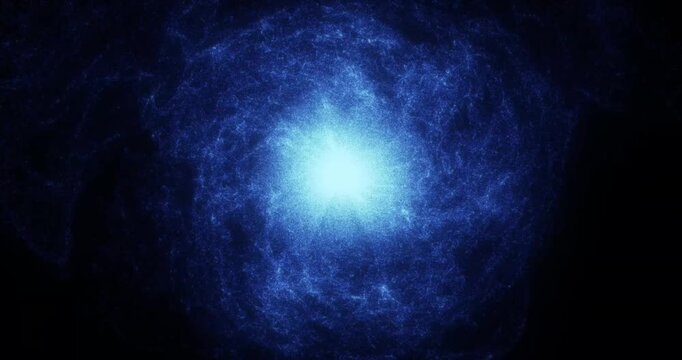 A raging blue star erupts violently, ejecting luminous particle streams across deep space. Swirling cosmic plasma expands rapidly from the brilliant central core into a dark abyss.
