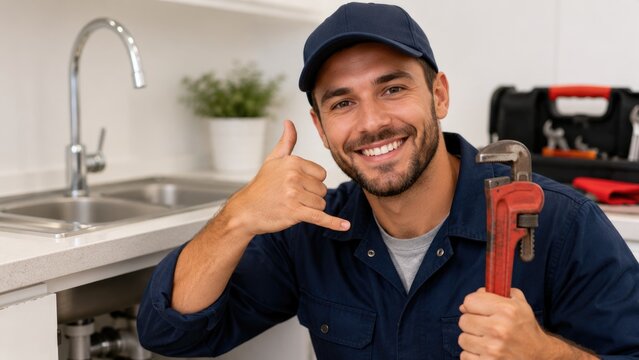 Smiling Professional Plumber Holding Pipe Wrench and Making Call Gesture in Modern Kitchen