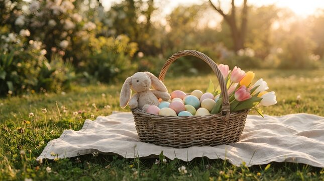 Easter basket fill with eggs, doll and flower
