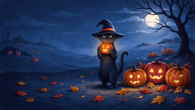 Black cat in a witch hat holding a glowing jack-o'-lantern in a pumpkin patch at night.