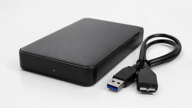 Portable External Hard Drive with USB Cable Isolated on White Background