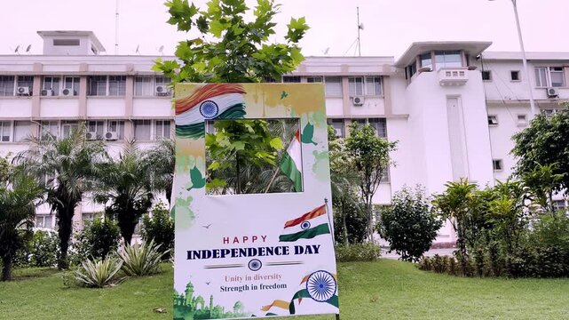 India Independence Day Celebration Standee Displayed in Green City Garden with Tricolor Decorations, Patriotic Design and Festive Outdoor Setting