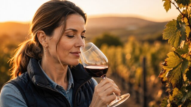 Woman Tasting and Smelling Red Wine in Vineyard During Golden Sunset