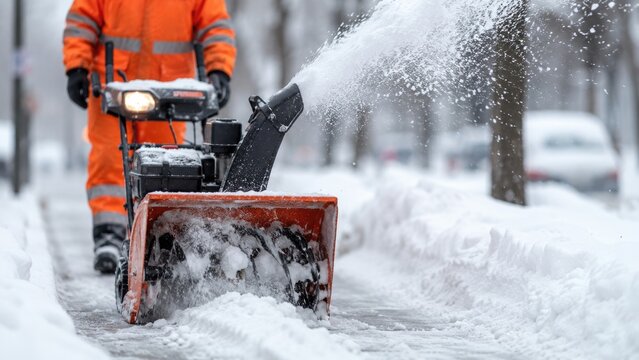 Worker Operating Snow Blower to Clear Deep Snow from Urban Sidewalk