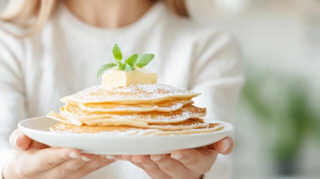 Delicious stack of pancakes with butter and mint garnish for breakfast