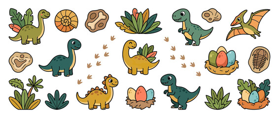 Cute cartoon dinosaurs, eggs, fossils, and plants isolated © ammal