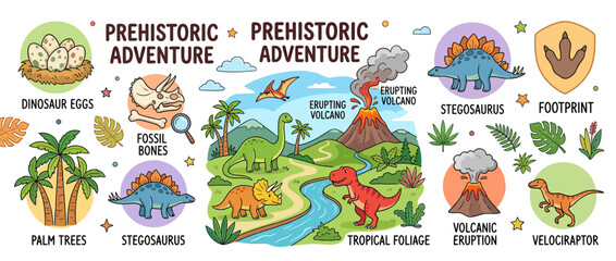 Cute Dinosaur Adventure Scene with Prehistoric Elements © ammal
