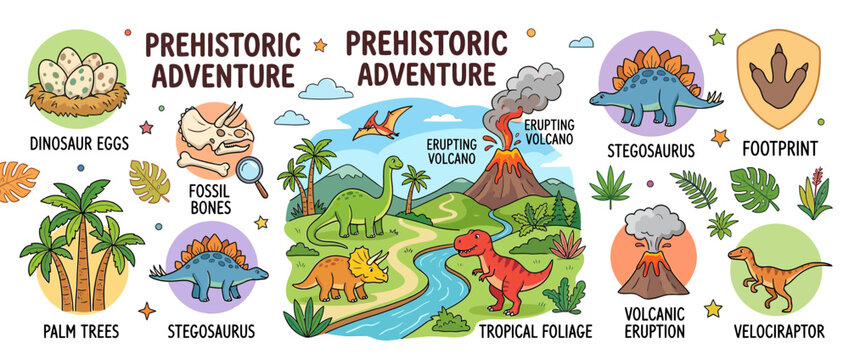 Cute Dinosaur Adventure Scene with Prehistoric Elements