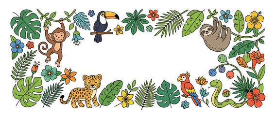 Fototapeta premium Jungle Border with Cartoon Animals and Tropical Plants