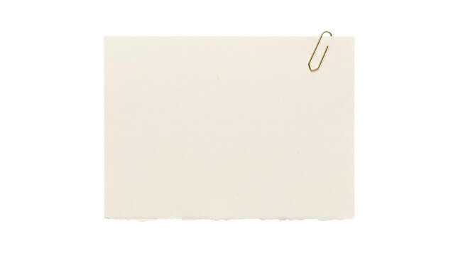 Blank piece of cream colored paper with a torn bottom edge and a gold paperclip attached to the top corner.