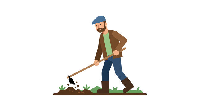 gardener using a hoe tool to till the soil in a vegetable garden