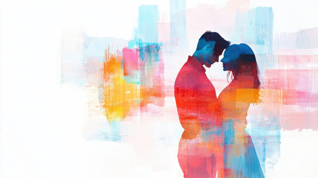 Passionate embrace between couple, surrounded by vibrant colors and abstract patterns, conveying love and connection