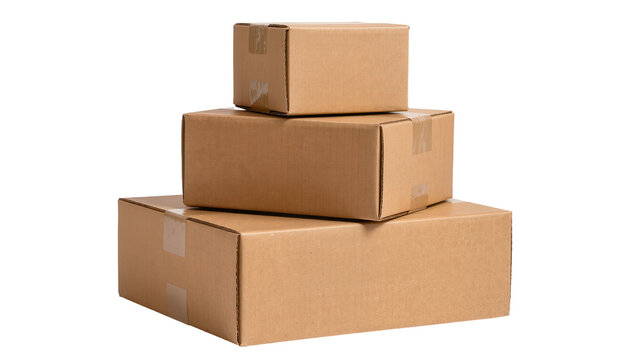 Stack of three cardboard shipping boxes sealed with tape, isolated on transparent background