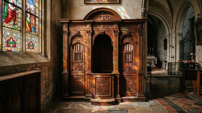 Ornate Wooden Confessional Booth Inside a Historic Church Sanctuary 1.