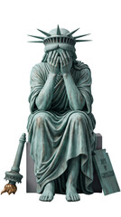 Fototapeta premium Symbolic statue of liberty sits in deep despair, covering her face with her hands as the torch lies abandoned on the ground.